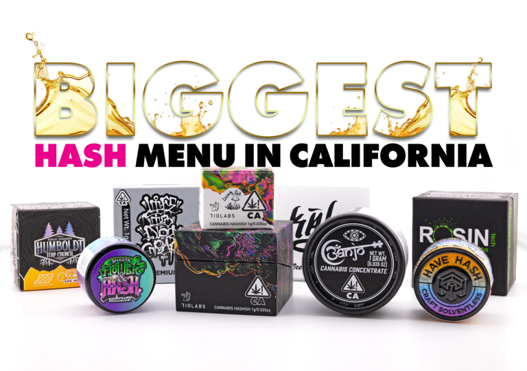 Display of top cannabis concentrate brands beneath bold text reading “Biggest Hash Menu in California.” The image showcases premium hash and rosin products from 710 Labs, Humboldt Terp Council, Have Hash, Shasta Flower Hash Company, and others, representing Tropicanna’s extensive solventless concentrate selection.
