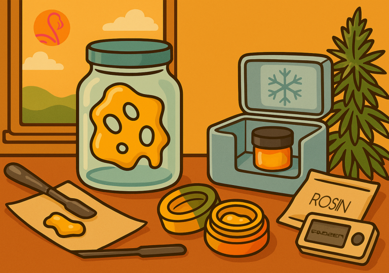 Illustrated scene showing cannabis concentrates and extraction tools on a table at sunset. A large jar holds golden rosin with holes resembling honeycomb. Nearby are a dab tool, parchment paper with rosin, silicone containers, a small refrigerator with a jar inside marked with a snowflake symbol, a cannabis plant, and a packet labeled “ROSIN.” A digital temperature gauge reads “420°.” The window reveals a landscape with hills and a setting sun featuring a flamingo logo.