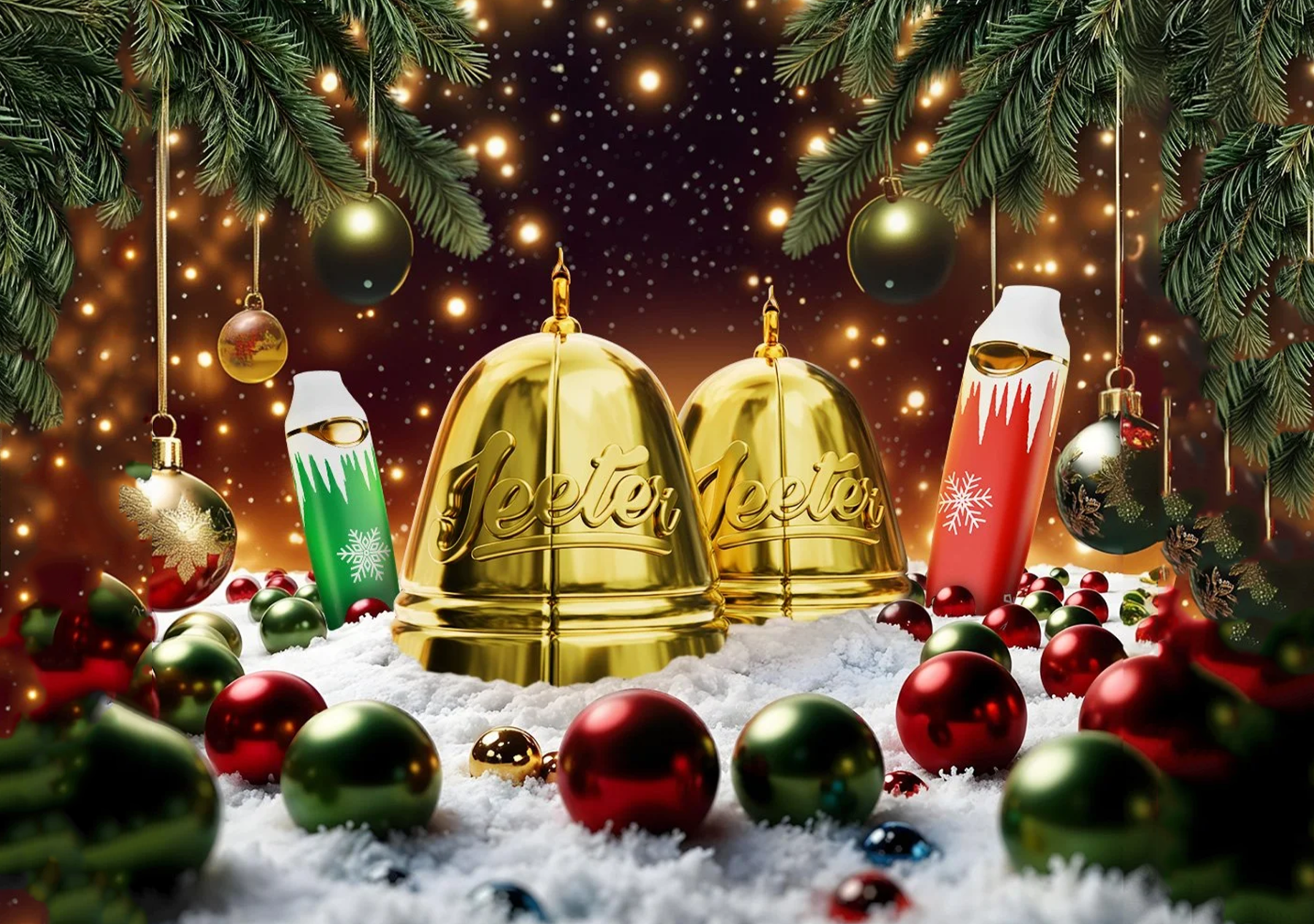 Christmas festive image with golden bells and green and red vape pens