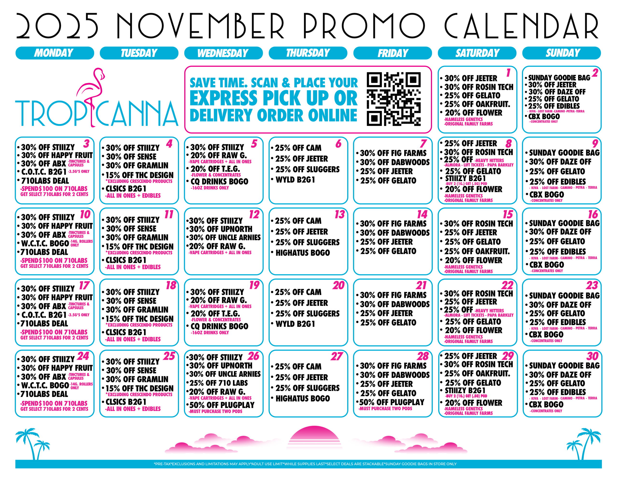 Colorful image of Tropicanna's November 2025 deals.