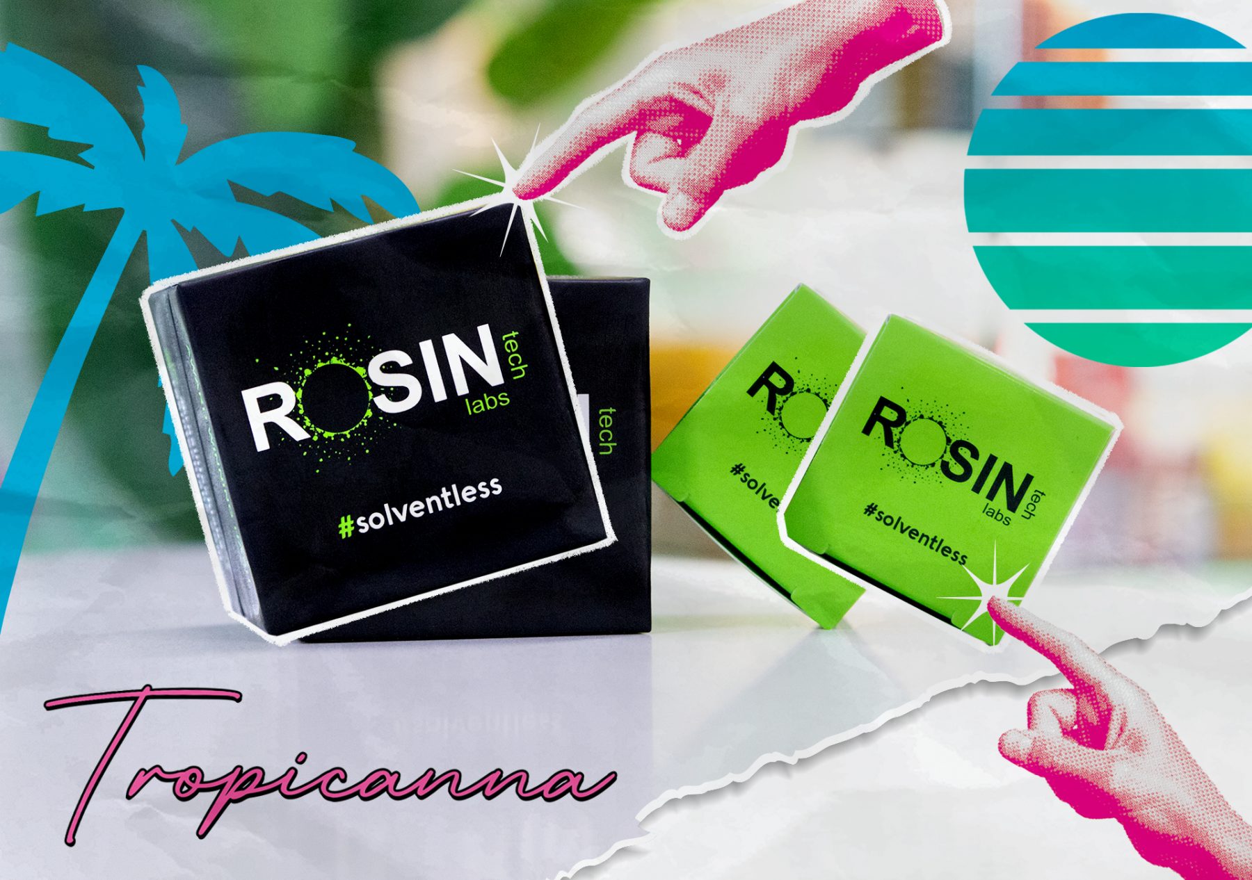 Image of Rosin Tech Labs solventless concentrate in a black box and two green boxes.